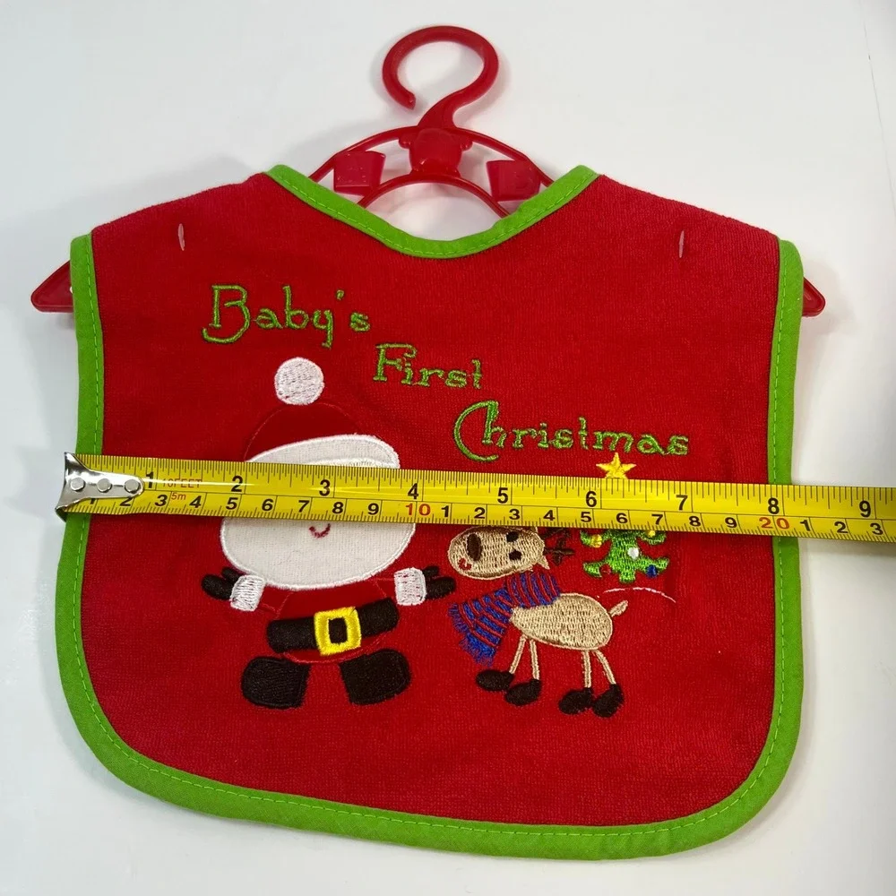 Baby Essentials Babys First Christmas Bib Red Green Santa Reindeer Terry Cloth